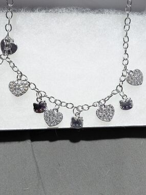 Silver Heart & Cat Charm Necklace - Sparkling Crystal Accents